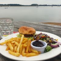 Moving mountain burger and chips very good. at Ramsholt Arms in England