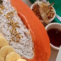 Papaya boat - this was HEAVEN! at Juice Bar at the Harmony Hotel in Nosara