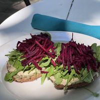 Pesto hummus and arugula sandwich at Juice Bar at the Harmony Hotel in Nosara
