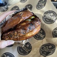 BYO Burger - veggie patty, pretzel bun, bbq sauce, grilled onions, pickles   at The Stand - American Classics Redefined in Westlake Village
