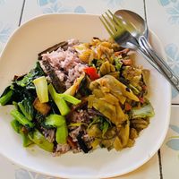 Rice with gailan and flat rice noodles  at Sangwiroon Vegetarian in Chiang Mai