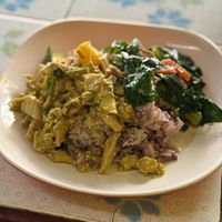 Pre-made dishes over ricee  at Sangwiroon Vegetarian in Chiang Mai