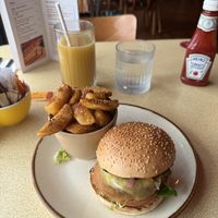 Vegan burger and fries  at Brightside Roadside Dining Honiton in Honiton
