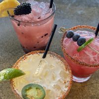 Smoking Gin (front), What in the Blue Blazes (right), Blackberry Basil Lemonade (left)  at Farmers Table  in La Mesa