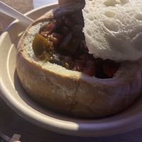 Vegan chili in a bread bowll  at Oasis in Elysburg