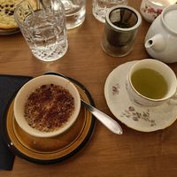 Oats brulee, green tea, and chocolate cookie at the top-left. at Byroo in Helsinki