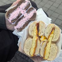 Strawberry tofu cream cheese on pumpernickel and vegan BEC on everything at Utopia Bagels in New York