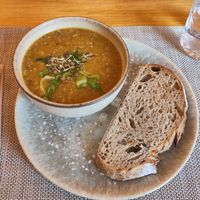 Sweet potato, pumpkin soup with carrot, lentils and other good stuff at Café Raízes in Coimbra