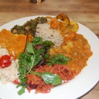 Calallo and Chickpeas, Wild Rice, Louisiana Veg Gumbo, 3 raw salads and fried Plantain at The Calabash of Culture in South East London