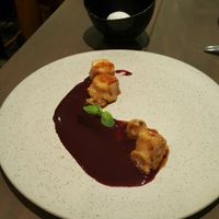 Dessert: fried bananas with acai sauce, and yogurt ice cream at amaZ in Lima