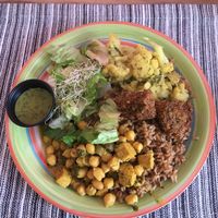 Coconut tofu/chickpeas, brown rice, lentil balls, curried cauliflower, salad at Ital in Paradise in St Croix