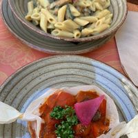 Penne carbonara (top) and baked tofu (bottom)  at Gintilla in Cagliari