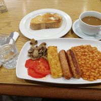 Vegan breakfast with Linda McCartney sausages, hash browns, mushrooms, beans, tomatoes, toast and a soy latte.

Delicious food, friendly service and I loved the idea of a table for people who didn't know each other, to share if they wanted to.  at Meeting House Cafe in Liverpool