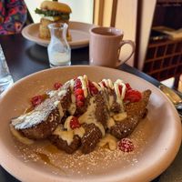 french toast brioche, powdered sugar, seasonal fruit, mascarpone, maple syrup  at Adelleda in Portland
