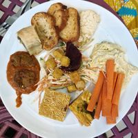 A bit of everything, including seitan pieces, salad, quiche, homemade goats cheese at Foragers' Kitchen in Nottingham