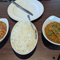 Chana masala , rice, and baigan barta at Tandoori Bites, Durham in Durham