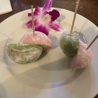 Mochi ice cream, one green tea and one strawberryy  at Ramen Izakaya NoHo in Los Angeles