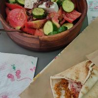 Greek salad and lahmajun at Vegan Stories by Konstantinos in Athens