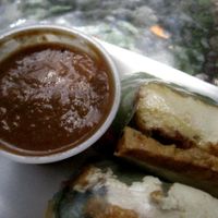 Tofu spring roll with peanut sauce at Petit Marche Vege in Montreal