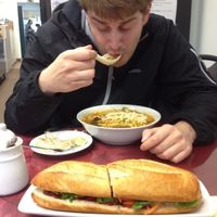 Pho & the foot long sandwich on crispy baguette (BBQ Gluten) at Petit Marche Vege in Montreal