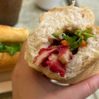 Spicy banh mi with vege bbq   at Petit Marche Vege in Montreal