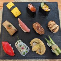 Full platter, not shown is miso soup (also good) at VEGGIE SUSHI JAPAN - ヴィーガン寿司専門店 in Tokyo
