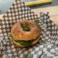 Delicious vegan breakfast bagel with avocado, tempeh, arugula, tomato and cucumber. Yum!  at The Barkley Cafe in Ucluelet
