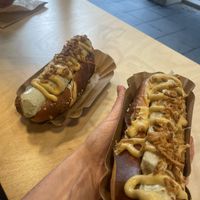 Two white sausage hot dogs   at Die Vegane Fleischerei in Stuttgart