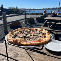 Vegan cheese pizza from wood burning oven   at Gourmet Au Bay in Bodega Bay