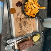 Unsauced jackfruit with vegan fries. Bread served is not vegan (per menu). Sauces said to be all vegan   at Café L’air De La Sirène™ in Orlando