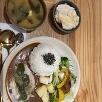 Curry with miso soup and dessert tofu   at Shu He Vegan 蔬禾飯店台南蔬食 in Tainan