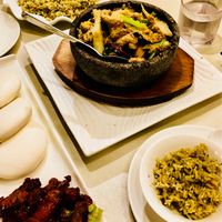 Porkless bums, spicy chilli mushrooms, fried rice and greens  at Green Veggie - Sheung Wan in Hong Kong Island
