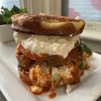 Buffalo bleu cheese chickn sandwich (delicious) at The Vegetable Hunter Cafe and Boutique Brewery in Harrisburg