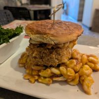 BBQ Mac and chicken (tofu) sandwich at The Vegetable Hunter Cafe and Boutique Brewery in Harrisburg