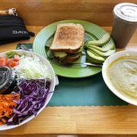 Om'echaye Sandwich with Pre-Workout Smoothie and Split Pea Soup  at Om'echaye Kitchen in Hallandale Beach