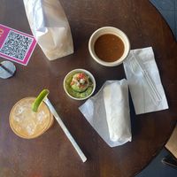 Aerial View of Shorty Burrito + Chips Salsa/Guac  at El Borracho - Pike Place Market in Seattle