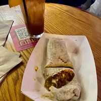 Cheesy bean & rice shortie burrito 
Tamarindo aqua fresca at El Borracho - Pike Place Market in Seattle