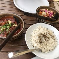 vegetable massaman curry with burmese tofu / beetroot & mushroom kurma at Moksha in Kaunas