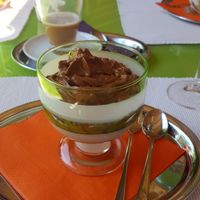 Carob mousse with roasted peaches at Katharinas Veganer Naturgasthof in Lienz