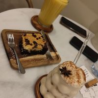 Chai latte, mango smootie and brookie at Kaffeehaus in Tetouan