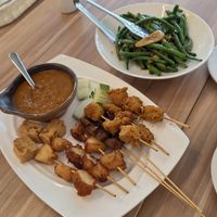 Signature Triple Satay Platter. Sautéed French Beans with King Mushrooms & Preserved Radish ⼲煸杏鲍四季⾖ at Mother Earth Classic Vegetarian 大地之素 (Balestier) in Central Singapore