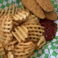 Three piece chicken tender with waffle fries!   at Soy Boys in Toronto