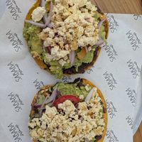 Breakfast tostadas with tofu instead of egg and cheese at Sababa Restaurant in Sololá