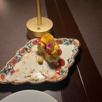 Vegan cheesecake topped with fresh tropical fruits    at Vintage Books in Honolulu