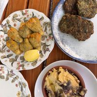 stuffed zucchini flowers, Cretan-style fava, and herb fritters   at Gürkan'ın Yeri in Ayvalık