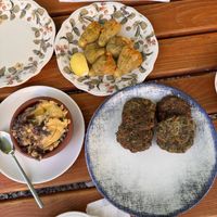 stuffed zucchini flowers, Cretan-style fava, and herb fritters   at Gürkan'ın Yeri in Ayvalık