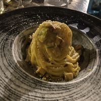 Vegan Pasta carbonara with smoken Tufo  at Moon in Siracusa