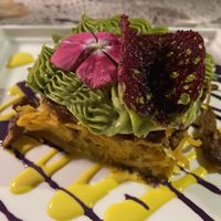 Stunningly beautiful and absolutely delicious! Millefeuille of vegetables with spiced soya strips  and cashew pesto! Completely recommend!  at Moon in Siracusa