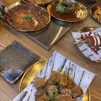 kimchi pancakes, cucumber salad & tofu bites in the front (corndog on the right not veg)  at MATJO - BBQ & HOTPOT in Dresden
