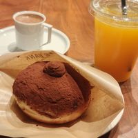 Chocolate cream donut, cacao shot, orange juice at Chocolate Bank - チョコレートバンク in Kamakura